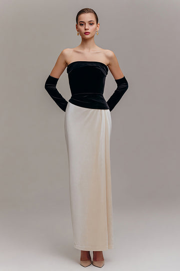 Black and Champagne Strapless Velvet Sheath Formal Dress